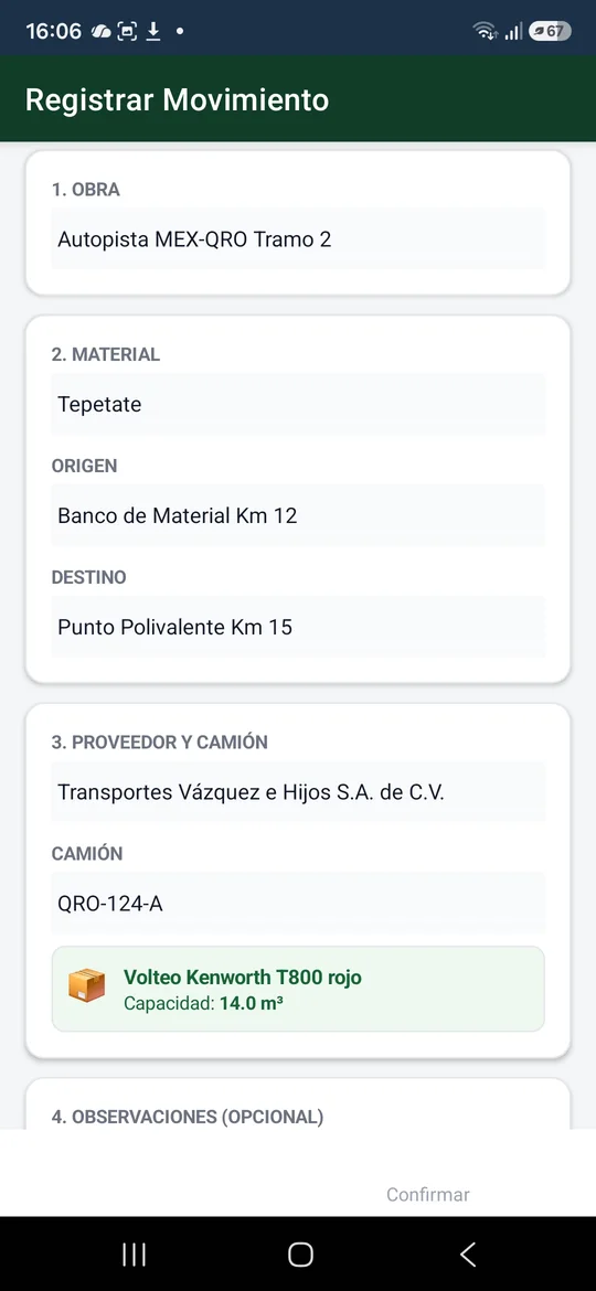 Registro de un viaje de acarreo en la app