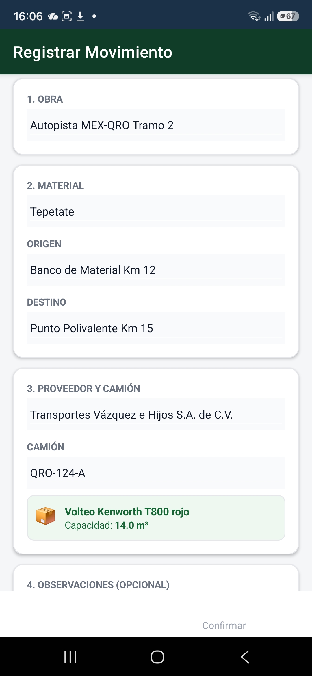 Registro de viaje de acarreo en la app