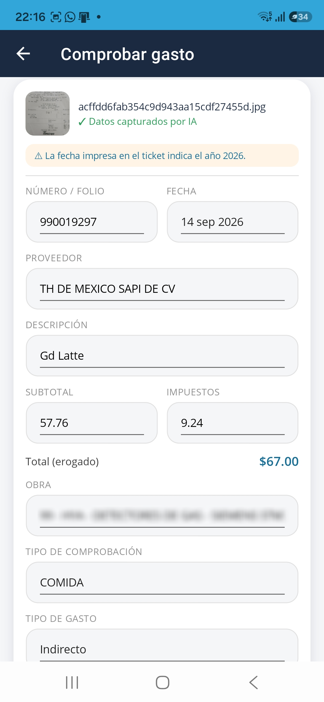 Gasto interpretado por inteligencia artificial con su categoría
