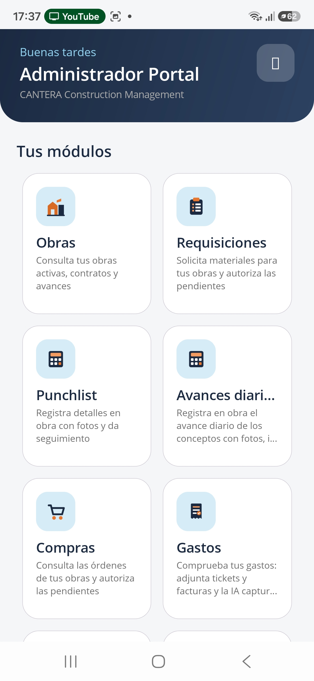Pantalla de inicio de la CANTERA App