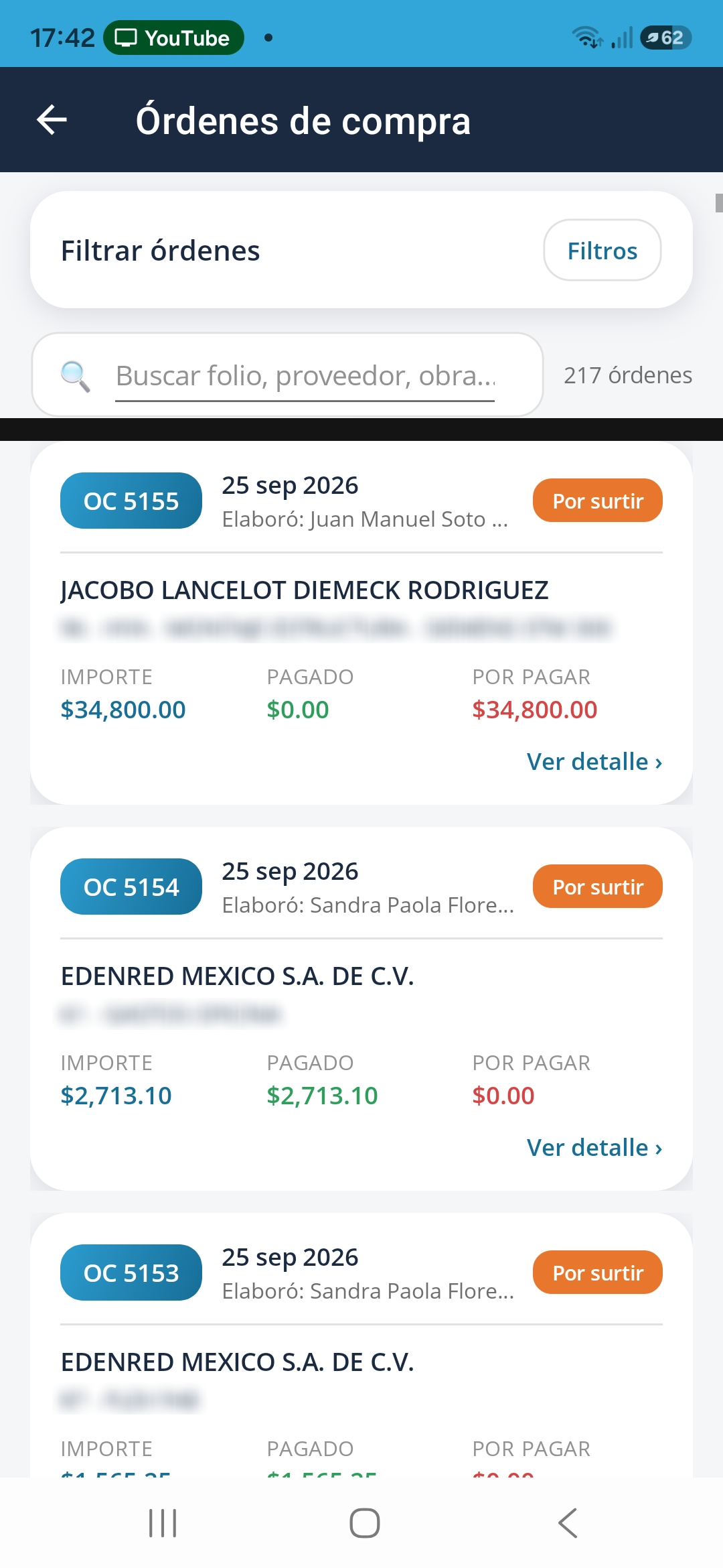 Órdenes de compra en la app