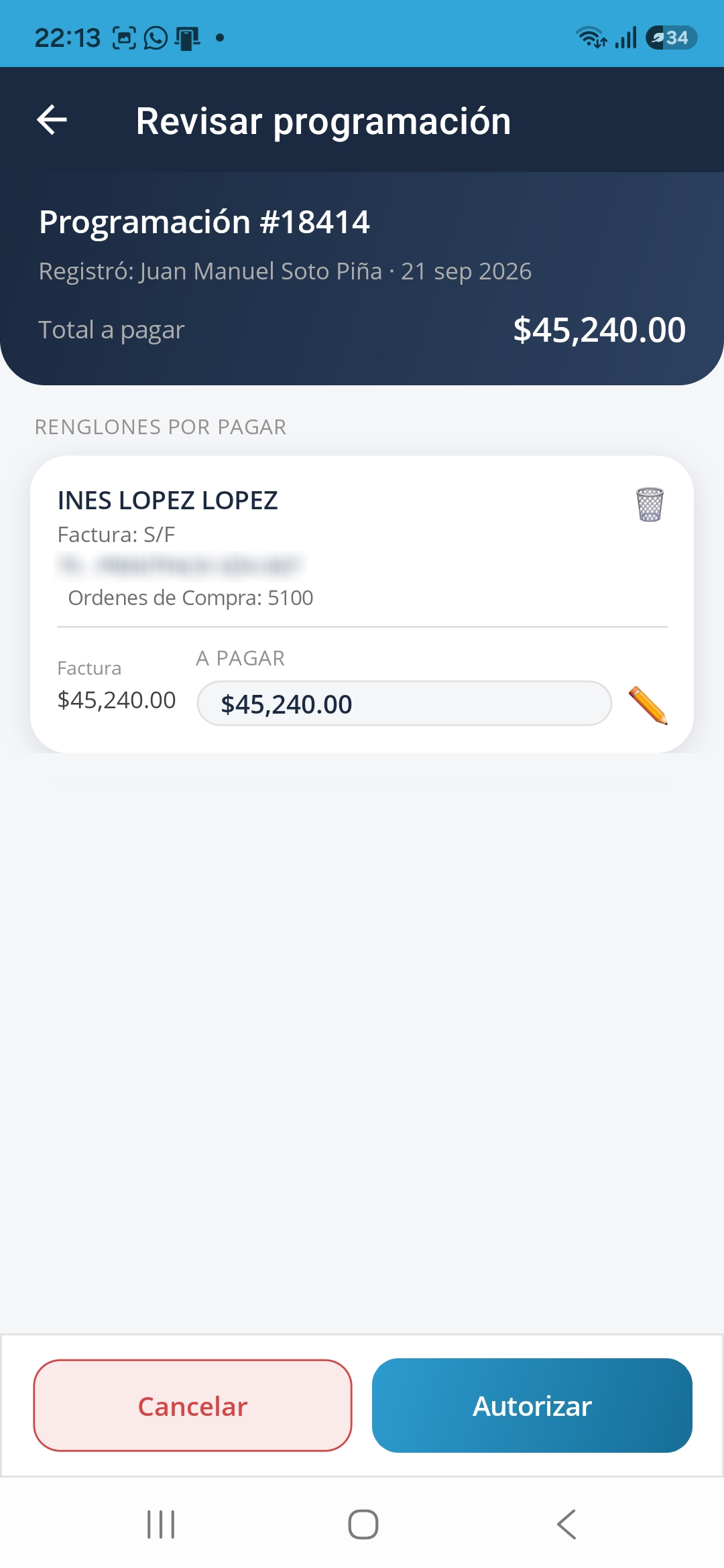 Autorización de un pago desde la CANTERA App