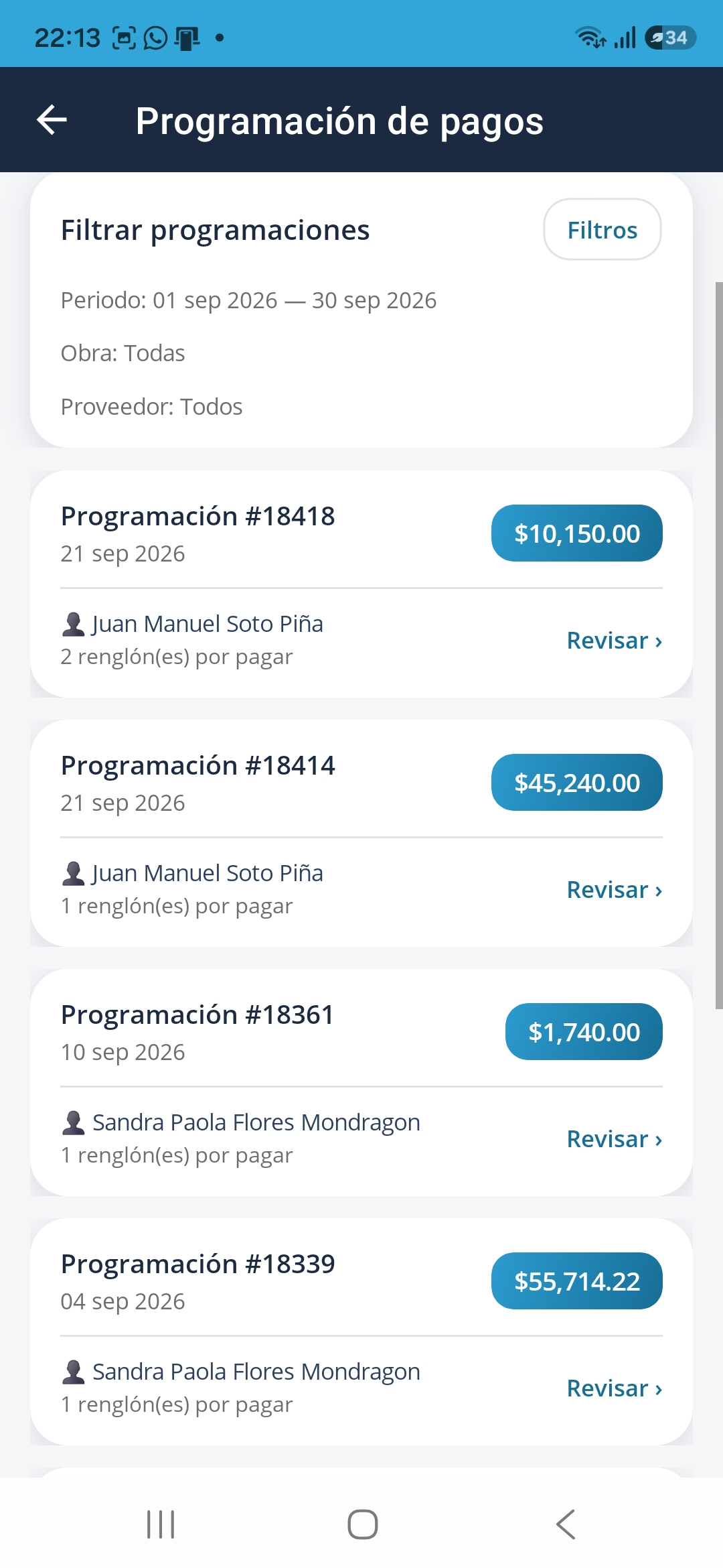 Pagos pendientes de autorizar en la CANTERA App