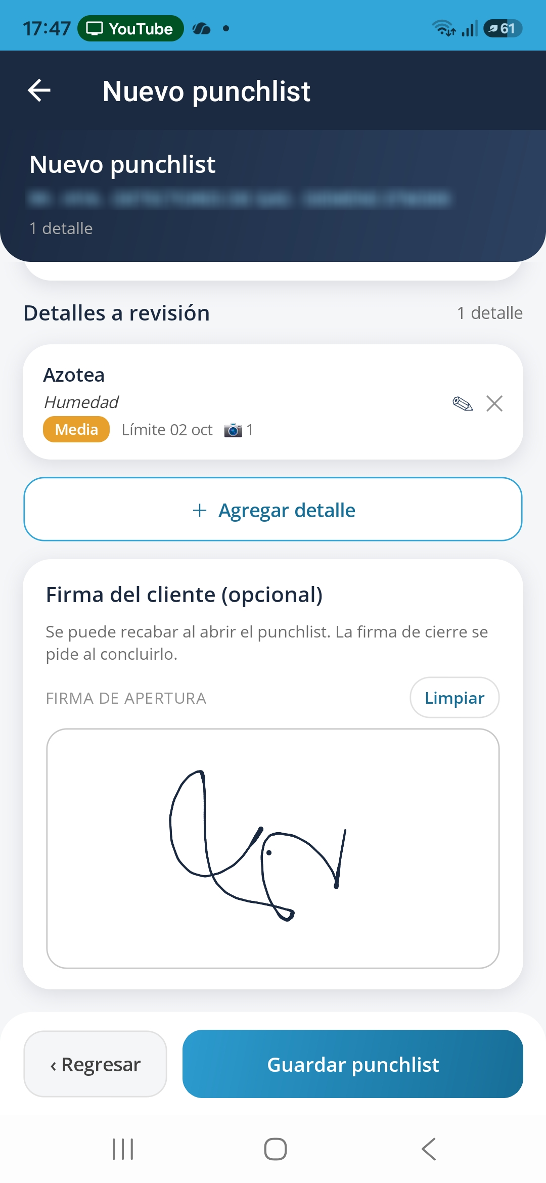 Firma del cliente en punchlist