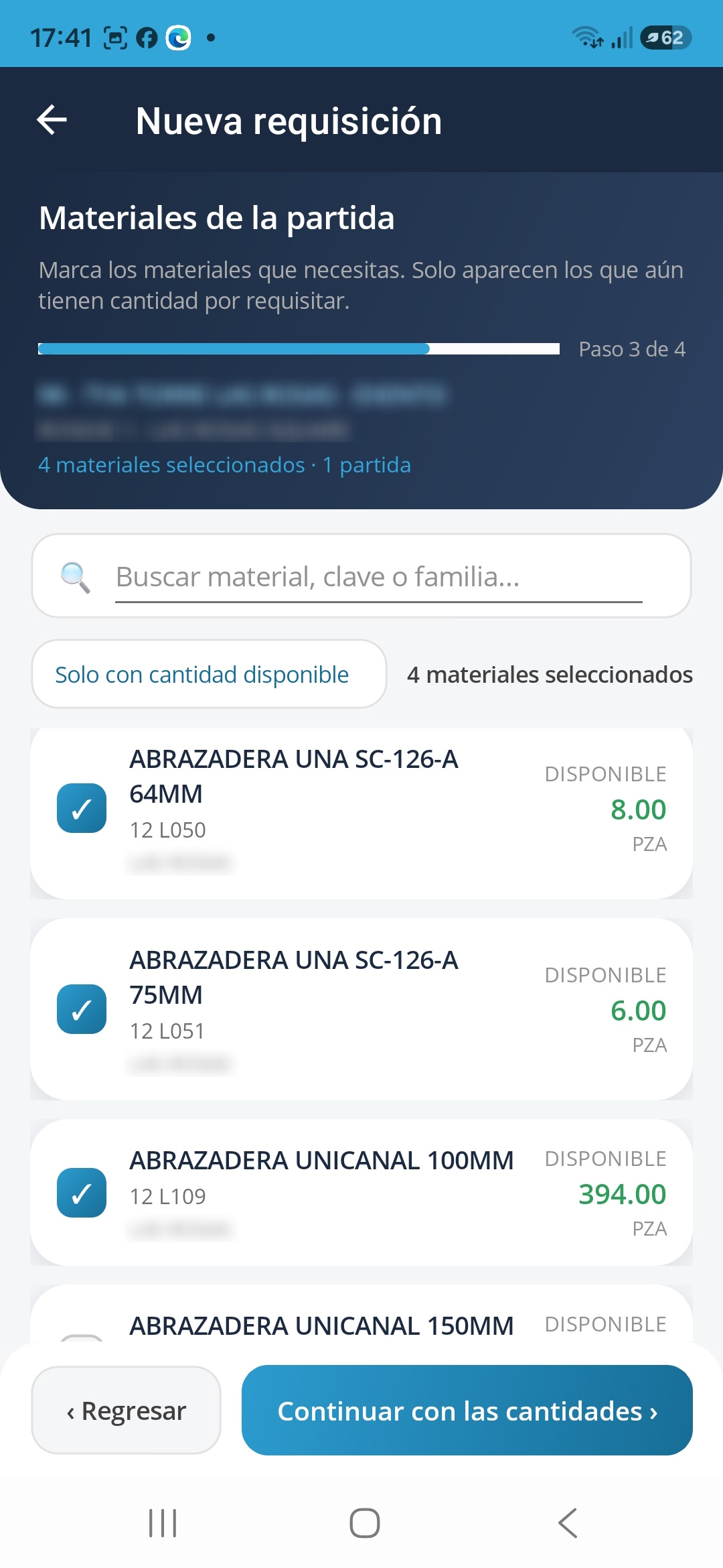 Selección de insumos disponibles