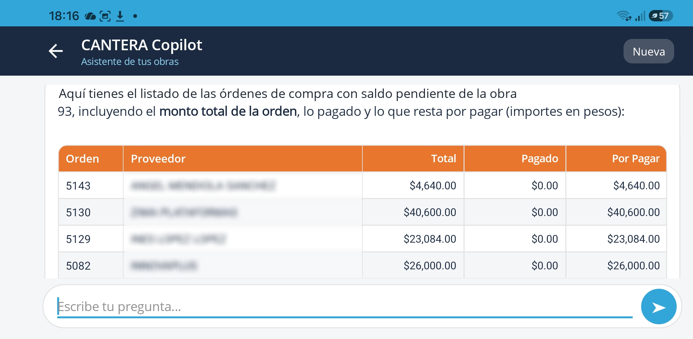 Tabla de Copilot en la app móvil con el teléfono en horizontal